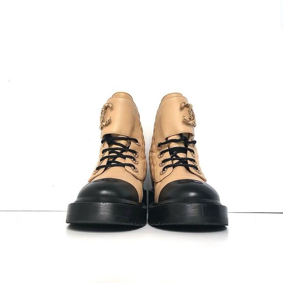 Chanel Quilted CC Chain Brave Lambskin Calfskin Cap Toe Combat Short Boots 37 - Picture 6 of 12